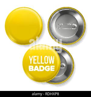Yellow Badge Mockup Vector. Pin Brooch Yellow Button Blank. Two Sides. Front, Back View. Branding Design 3D Realistic Illustration Stock Vector