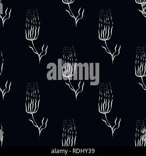 Abstract flowers with thin petals. Seamless pattern. White on black background Stock Vector