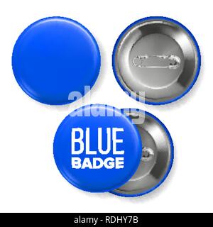 Blue Badge Mockup Vector. Pin Brooch Blue Button Blank. Two Sides. Front, Back View. Branding Design 3D Realistic Illustration Stock Vector