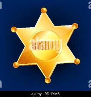 Sheriff Badge Vector. Golden Star. Officer Icon. Detective Insignia. 3D Realistic Illustration Stock Vector