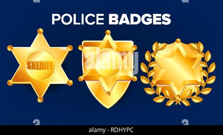 Sheriff Badge Vector. Golden Star. Officer Icon. Detective Insignia. Sevurity Emblem. Western Style. Retro Object. 3D Realistic Illustration Stock Vector