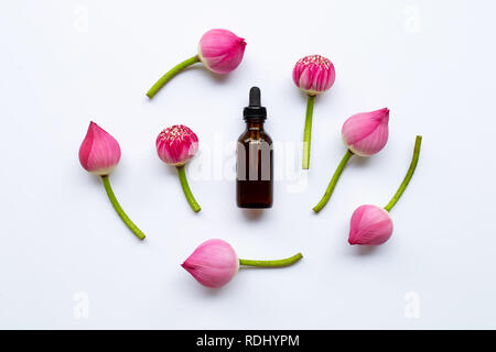 Lotus essential oil with lotus flowers on white background. Stock Photo