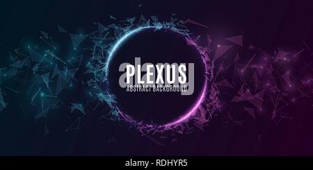 Geometric plexus banner of flying triangles and dots on a dark background. Purple and blue glowing connected triangular elements. Scientific backgroun Stock Vector