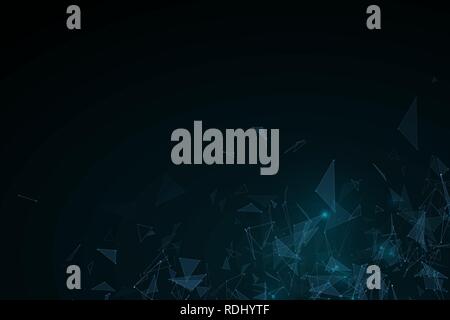 Geometric abstract background. Modern futuristic geometric design. Flying blue triangles in the dark. Glowing lights. Glowing connected triangles. Vec Stock Vector