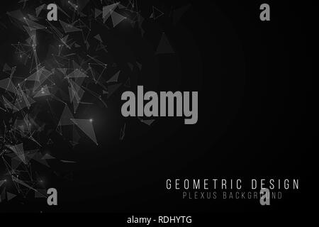 Geometric abstract background. Modern futuristic geometric design. Flying white triangles in the dark. Glowing lights. Glowing connected triangles. Ve Stock Vector
