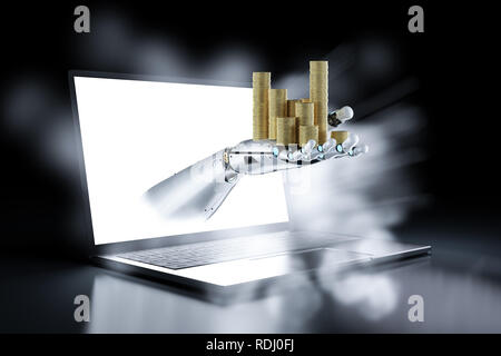 Financial technology concept with 3d rendering robot hold stack of coins out of computer notebook Stock Photo