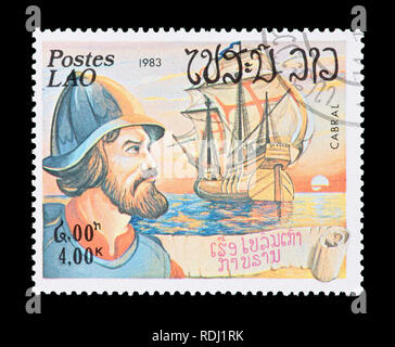 Postage stamp from Laos depicting Cabral and caravel Stock Photo