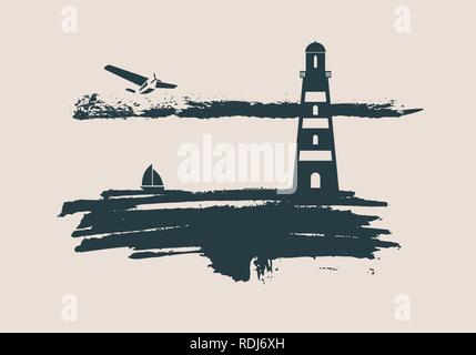 Lighthouse on brush stroke seashore Stock Vector