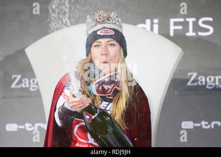 Zagreb, Croatia - January 5, 2019 : First placed Shiffrin Mikaela from Usa celebrating with champagne on the award ceremony of the Audi FIS Alpine Ski Stock Photo