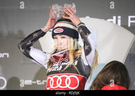 Zagreb, Croatia - January 5, 2019 : First placed Shiffrin Mikaela from Usa on the award ceremony of the Audi FIS Alpine Ski World Cup Women's Slalom,  Stock Photo