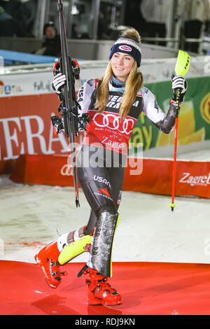Zagreb, Croatia - January 5, 2019 : First placed Shiffrin Mikaela from Usa on the award ceremony of the Audi FIS Alpine Ski World Cup Women's Slalom,  Stock Photo