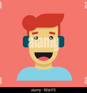 Young man enjoying listening to music on his headphones. Cartoon character isolated on coral trend color. Stock Vector