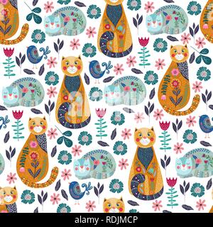 Seamless pattern with ccute cats and birds, flowers and leaves on white background, vector illustration Stock Vector