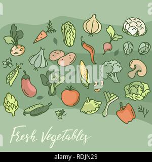 Set of various doodles, hand-drawn simple sketches of different kinds of vegetables. Vector freehand illustration isolated on background. Vegan food. Stock Vector