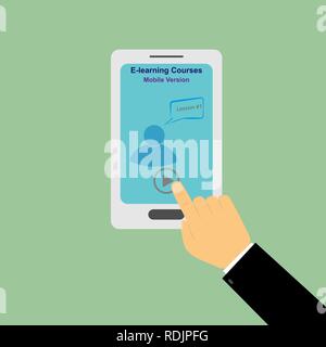 Male hand presses the start button of a video lesson with e-learning on the smartphone Stock Vector