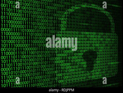Green binary matrix on a black background with backlit numbers and background lighting of the outline of the lock Stock Vector