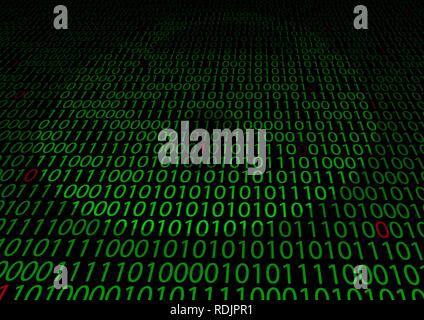 Green binary matrix on a black background with illuminated numbers going into perspective Stock Vector