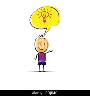 Cartoon man with idea, burning light bulb in speech bubble. Stock Vector