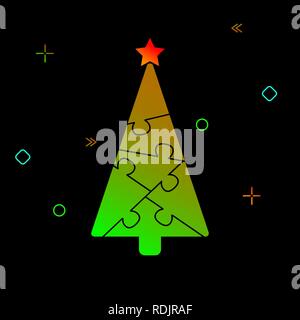 Silhouette of a Christmas tree from puzzles and festive tinsel on a black background Stock Vector