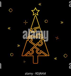 Outline of a Christmas tree from puzzles and festive tinsel on a black background Stock Vector
