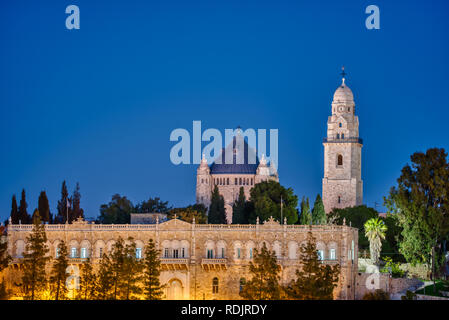 View of Church of Dormition the Abbey on Mount Zion, Jerusalem, Israel. at Night Landmark Religion Ancient Building Stock Photo