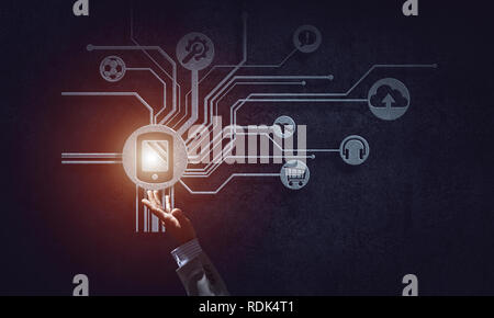 Close of businessman hand showing at user interface glowing on w Stock Photo