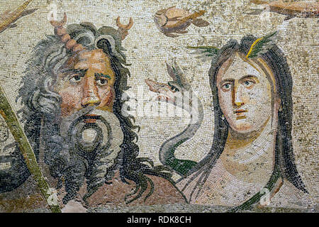 Gaziantep, Turkey - June 07, 2014: Mosaic in Gaziantep Zeugma Mosaic Museum on June 07, 2014. Zeugma Mosaic Museum in Gaziantep, Turkey is one of the  Stock Photo