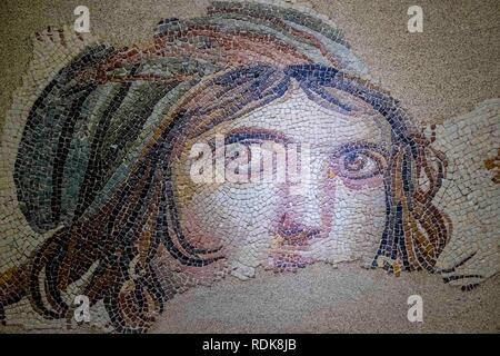Gaziantep, Turkey - September, 11, 2018: Gypsy girl mosaic of Menad house in Zeugma Museum on September, 11, 2018. Zeugma Mosaic Museum in Gaziantep,  Stock Photo