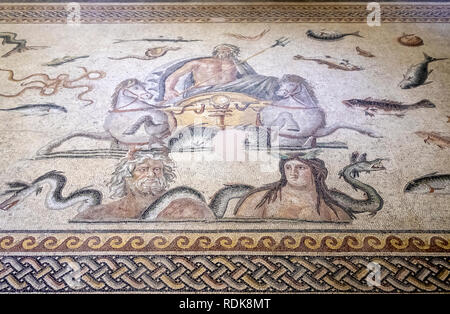 Gaziantep, Turkey - September, 11, 2018: Poseidon Mosaic in Gaziantep Zeugma Mosaic Museum on September, 11, 2018. Zeugma Mosaic Museum in Gaziantep,  Stock Photo