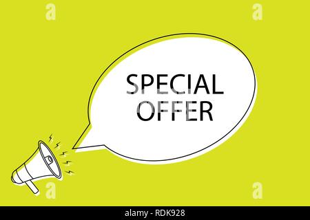 Special offer speech bubble in cartoon style. Male with megaphone Stock Vector