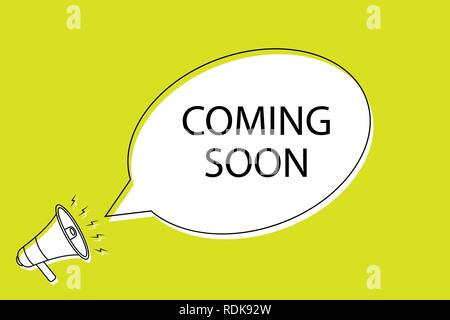 Coming soon speech bubble in cartoon style. Male with megaphone Stock Vector