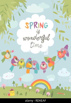 Cute cartoon colorful birds and spring landscape Stock Vector