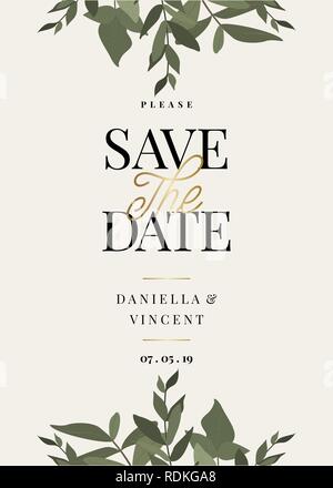 Save the Date template with green eucaliptus branches and sample text layout on cream background. Elegant and creative vector wedding invitation, brid Stock Vector