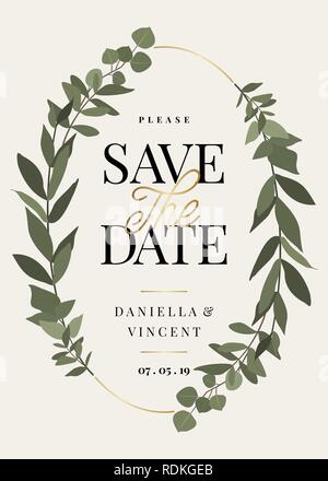 Save the Date template with green eucaliptus branches and sample text layout on cream background. Elegant and creative vector wedding invitation, brid Stock Vector