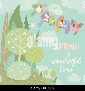 Cute cartoon colorful birds and spring landscape Stock Vector