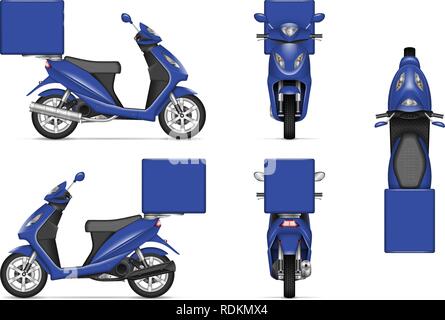 Delivery motorcycle vector mockup for vehicle branding, advertising, corporate identity. Isolated template of realistic blue scooter on white Stock Vector