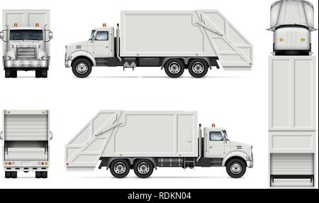 Garbage truck vector mockup for vehicle branding, advertising, corporate identity. Isolated template of realistic waste lorry on white background. Stock Vector