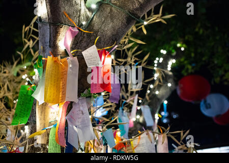 Wishes written on Tanzaku, small pieces of paper, and hung on a Japanese wishing tree, located in the Little Tokyo section of Los Angeles, California Stock Photo