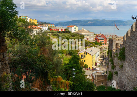 View of Portovenere or Porto Venere town from Castle Doria on Ligurian coast. Province of La Spezia. Italy Stock Photo