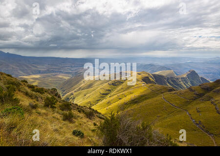 The Amphitheater hiking trail in the Royal Natal National Park offers stunning vistas all along the route. This view is looking back over the valley Stock Photo