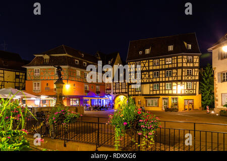 Fairytale multicolor houses in Alsace - Colmar, France at night. Stock Photo
