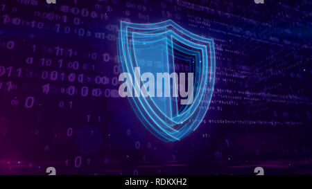 Cyber security abstract concept. Contour of shield icon on digital background. Computer safety symbol 3D illustration.