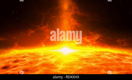 Sun eruption with large energy flares. Plasma matter eruption over star surface. Space exploration 3D abstract background 3d illustration. Stock Photo