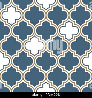 Vector moroccan repeat seamless pattern. Light blue, gold beige line on white background. Stock Vector