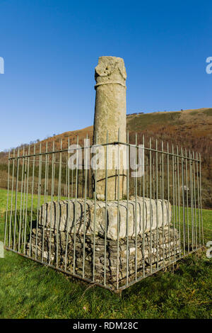 Elisegs Pillar a 9th century stone monument erected by Prince Cyngen ap Cadell of Powys near Valle Crucis Abbey Llangollen North Wales Stock Photo