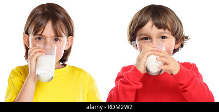 Children kids girl boy drinking milk healthy eating isolated on a white background Stock Photo