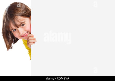 Child kid smiling young girl copyspace marketing ad advert empty blank sign isolated on a white background Stock Photo