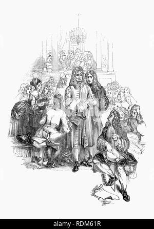 Sir Roger de Coverley, the fictional character, devised by Joseph Addison making a visit to the London Playhouse.  He was portrayed as the ostensible author of papers and letters that were published in Addison and Richard Steele’s influential periodical The Spectator.  Sir Roger was a baronet of Worcestershire and was meant to represent a typical landed country gentleman He was also a member of the fictitious Spectator Club, and the de Coverley writings included entertaining vignettes of early 18th-century English life that were often considered The Spectator’s best feature. Stock Photo