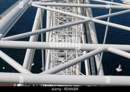 Seattle Jumbo ferris wheel view from inside car looking down at the white spokes and the water of Peugeot Sound Stock Photo