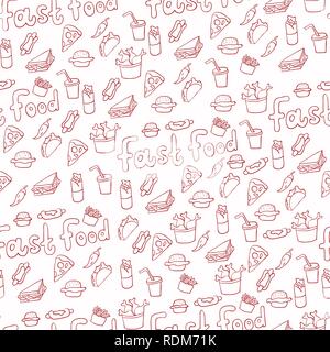 Doodle illustration of fast food. Seamless pattern with junk food. Hand drawn vector illustration made in cartoon style. Hamburger, hot-dog, french fr Stock Vector